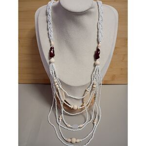 Vintage Multi Media Necklace Includes White Seed Beads, Wooden also Lucite Beads